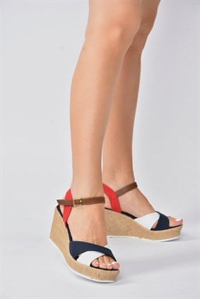 Lacivert/Beyaz/Kırmızı Keten Dolgu Topuklu Kadın Ayakkabı K674195005