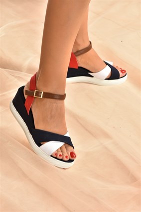 Lacivert/Beyaz/Kırmızı Keten Kadın Dolgu Topuklu Ayakkabı K674305005