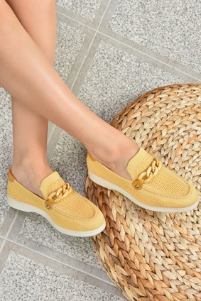 Sarı Kumaş Zincir Detaylı Kadın Loafer Ayakkabı K350402104