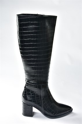 Siyah Kroko Baskı Kalın Topuklu Kadın Çizme L251081611