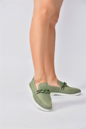 Yeşil Kumaş Zincir Detaylı Kadın Loafer Ayakkabı K350402104